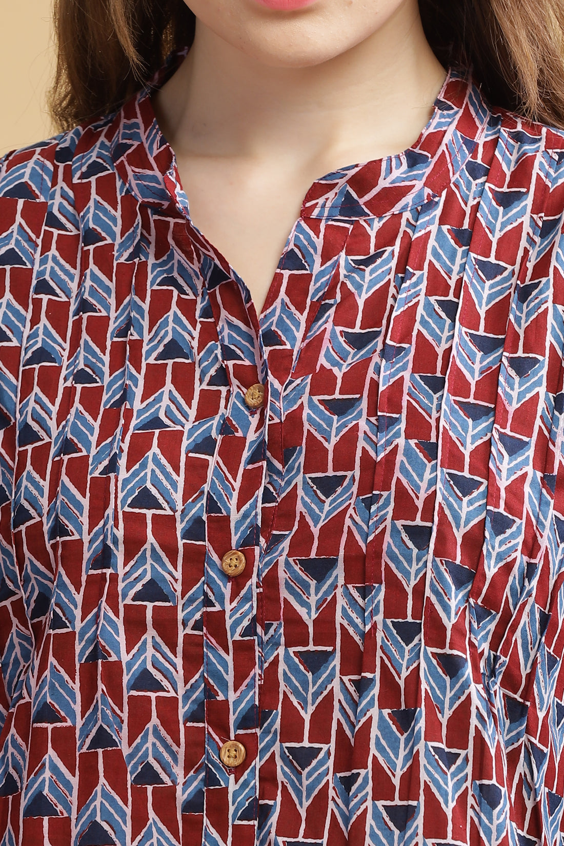 Cambric Cotton Full Sleeve Top - Abstract Maroon
