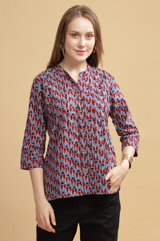 Cambric Cotton Full Sleeve Top - Abstract Maroon