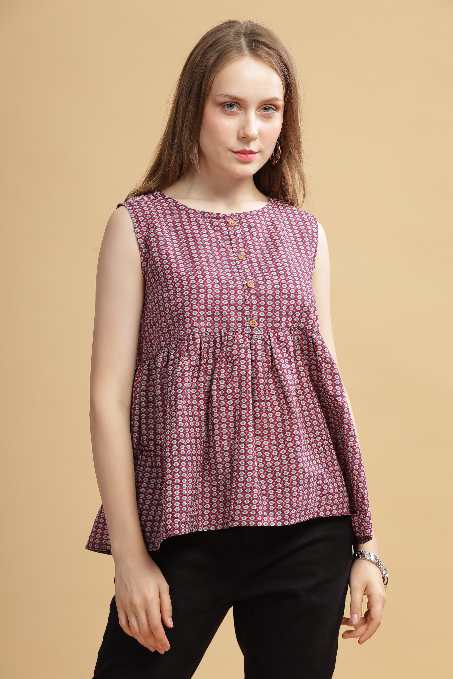 Cambric Cotton Tank Top - Maroon