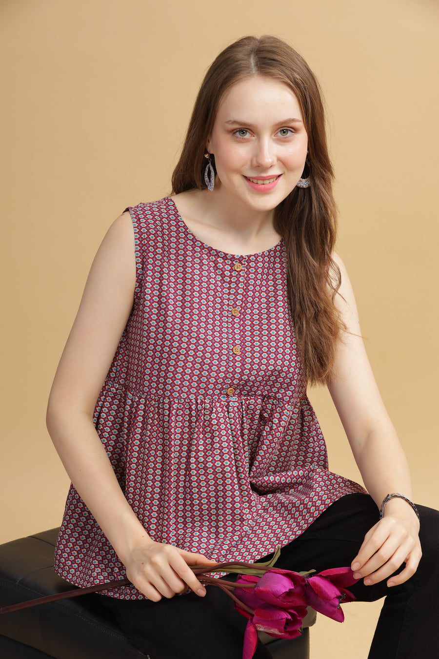 Cambric Cotton Tank Top - Maroon
