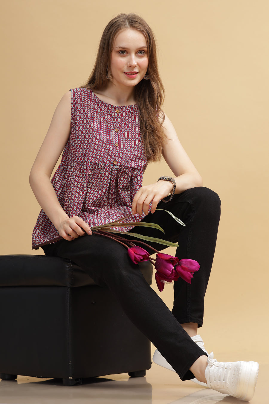 Cambric Cotton Tank Top - Maroon