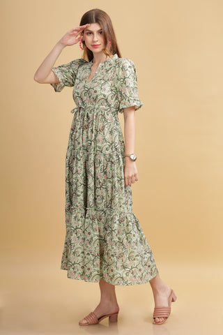 Cambric Cotton Maxi Dress - Green
