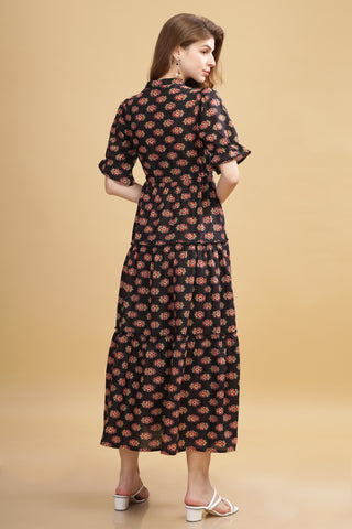 Cambric cotton maxi floral dress black