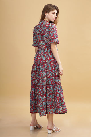 Cambric cotton floral maxi dress maroon