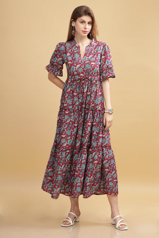 Cambric cotton floral maxi dress maroon