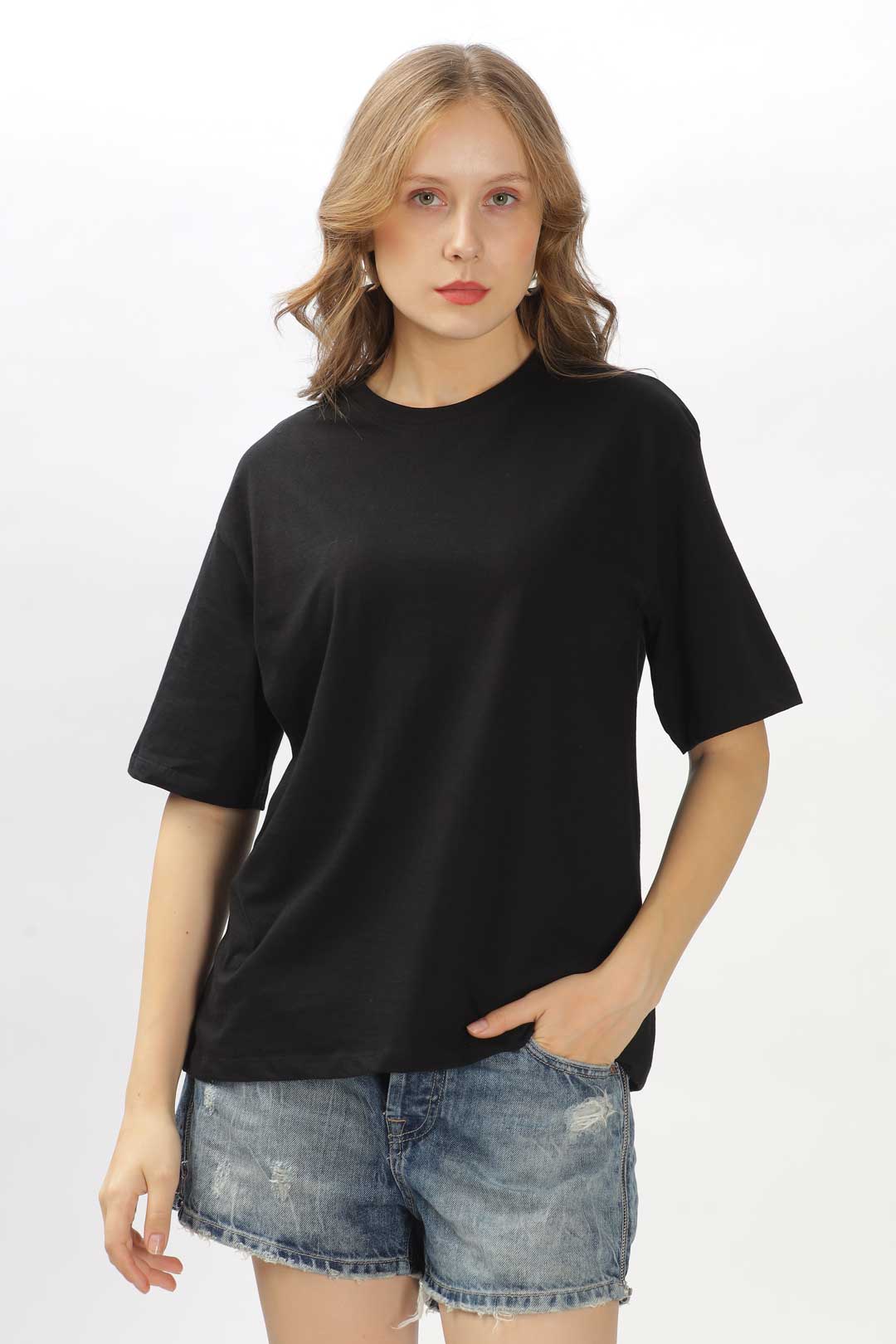 Oversized combed cotton solid Tshirt - Jet Black