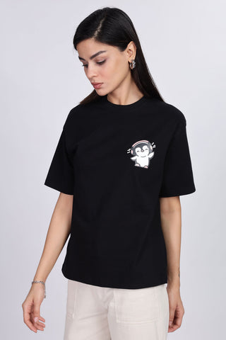 Cotton oversized Tshirt Jet Black - Penguin headphone