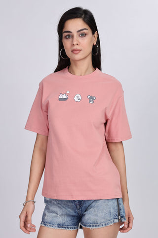 Cotton oversized Tshirt Coral Pink - Cute Animals