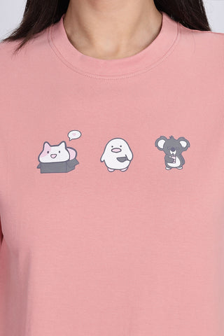 Cotton oversized Tshirt Coral Pink - Cute Animals