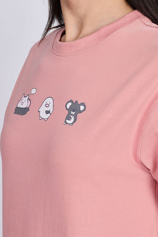 Cotton oversized Tshirt Coral Pink - Cute Animals