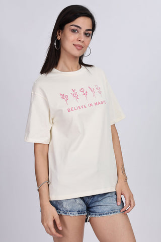 Cotton oversized Tshirt Half White - Believe in magic