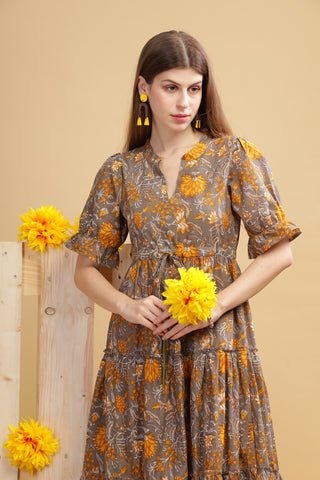 Cambric Cotton Maxi Dress - Mustard