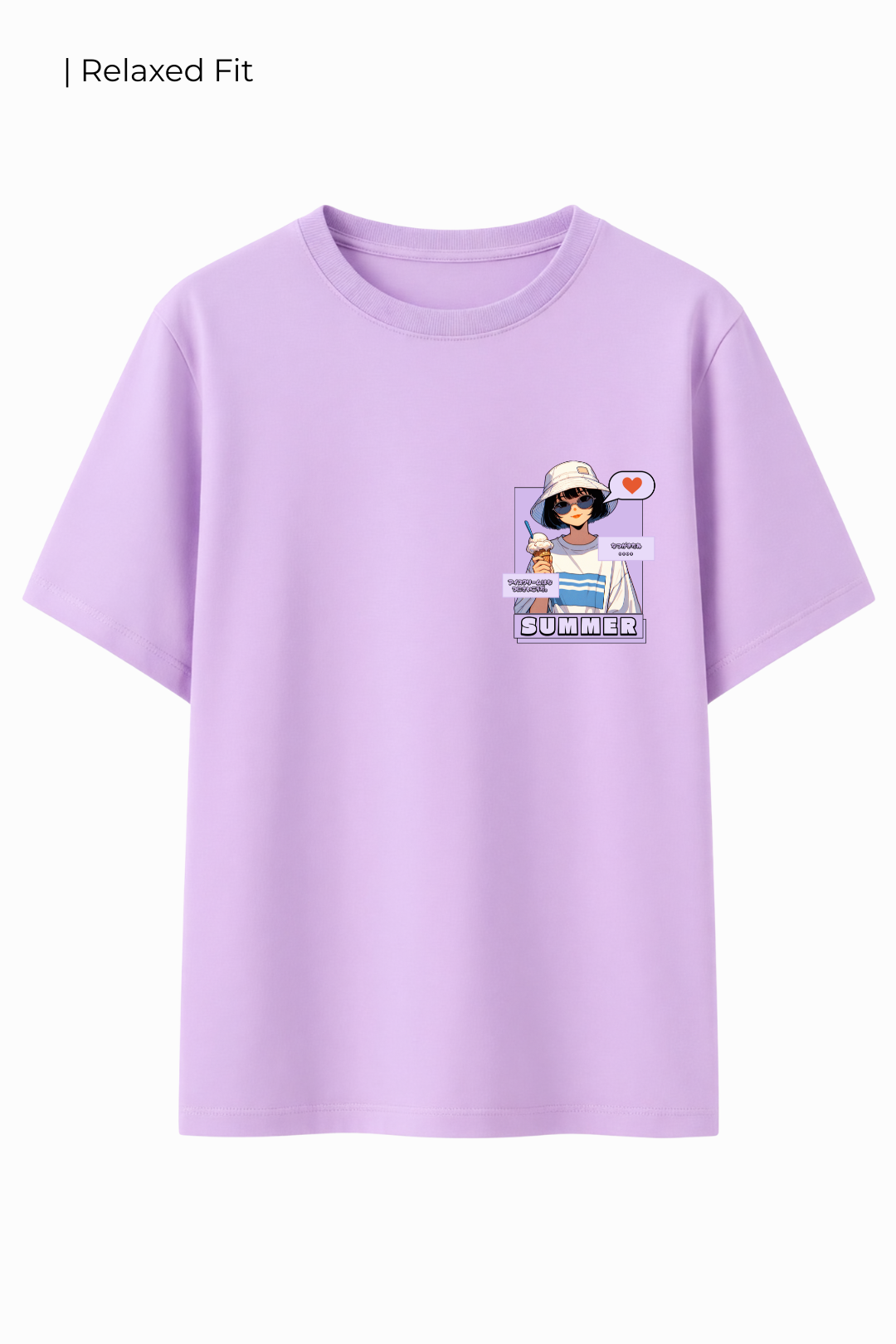 Relaxed Fit Cotton Tshirt - Lilac - Hat Girl with Icecream Summer