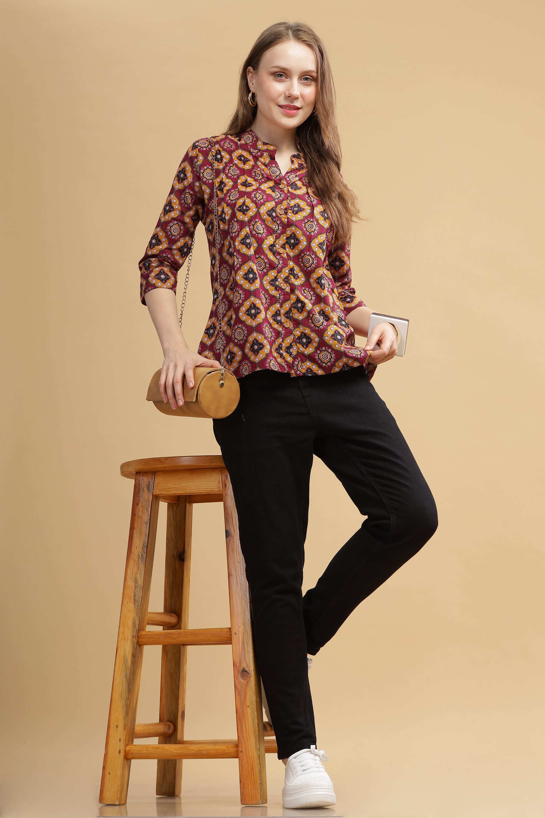 Cambric Cotton Full Sleeve Top - Burgundy