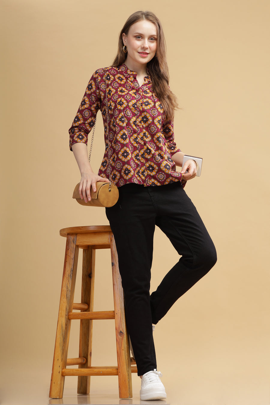 Cambric Cotton Full Sleeve Top - Burgundy