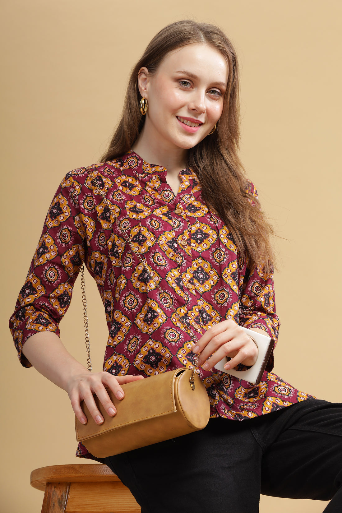 Cambric Cotton Full Sleeve Top - Burgundy