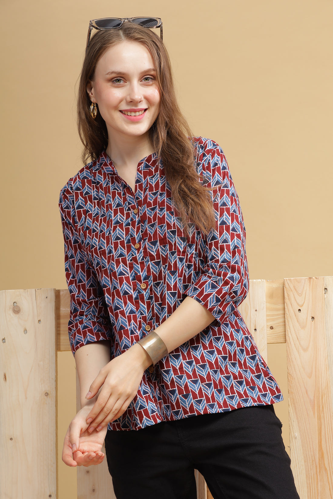 Cambric Cotton Full Sleeve Top - Abstract Maroon