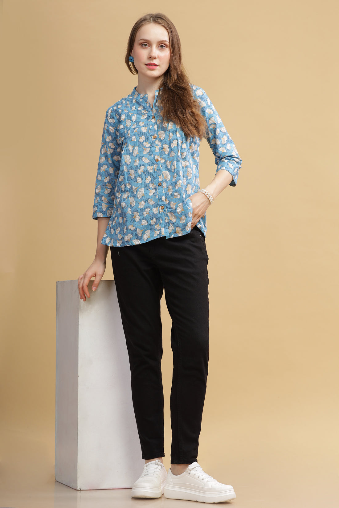 Cambric Cotton Full Sleeve Top - Blue