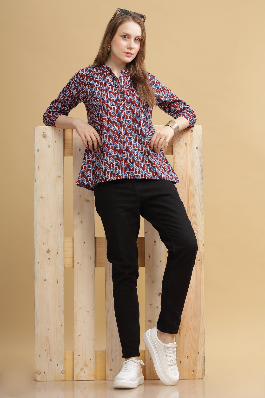 Cambric Cotton Full Sleeve Top - Abstract Maroon
