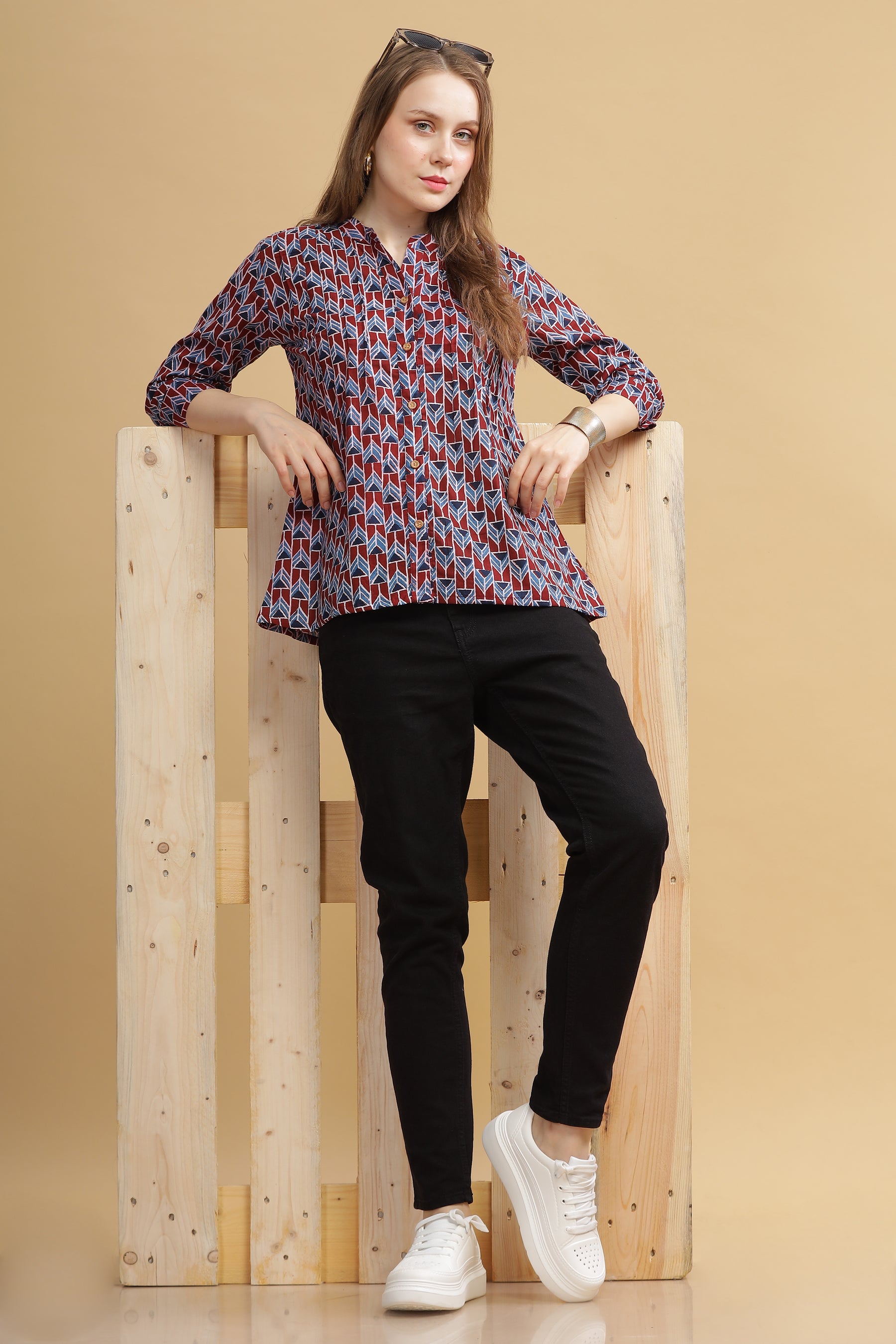 Cambric Cotton Full Sleeve Top - Abstract Maroon