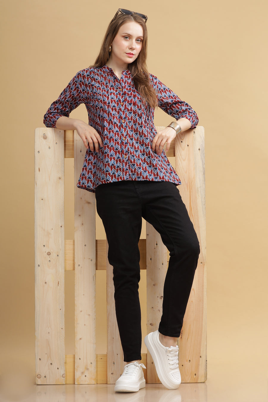 Cambric Cotton Full Sleeve Top - Abstract Maroon