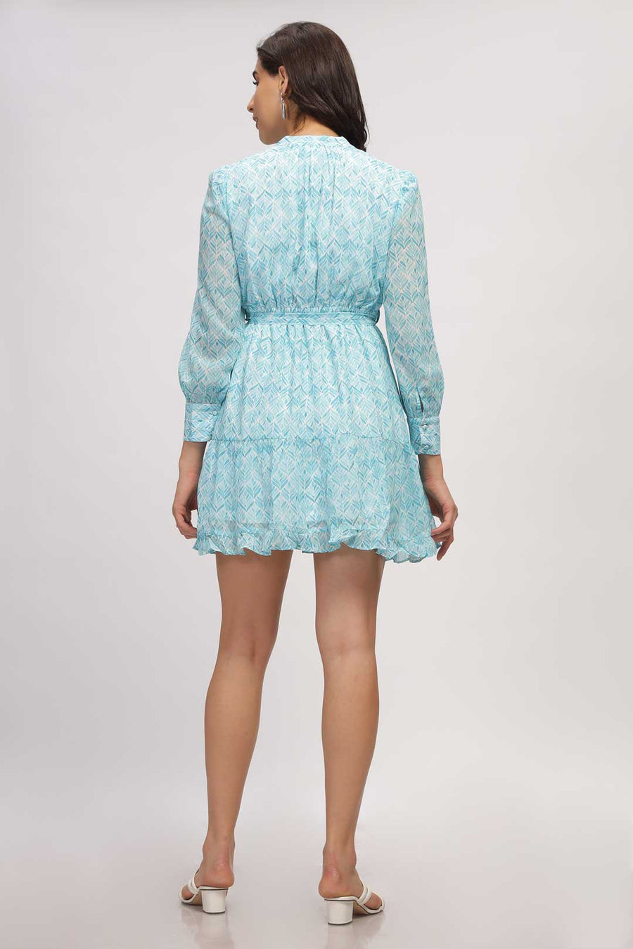 Georgette Abstract Mini Dress - Aqua Blue