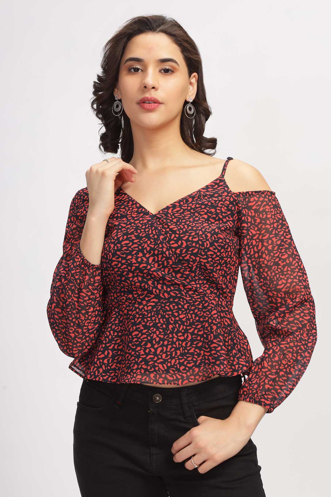 Cold Shoulder Peplum Top with Bishop Sleeves - Red & Black