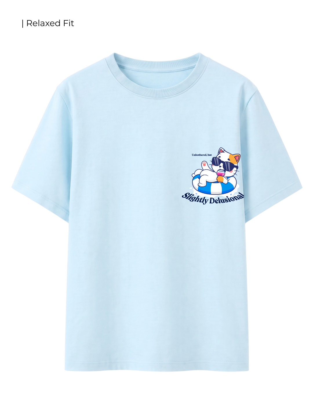 Cotton Relaxed fit Tshirt - Sky blue - Cat on pool, unbothered