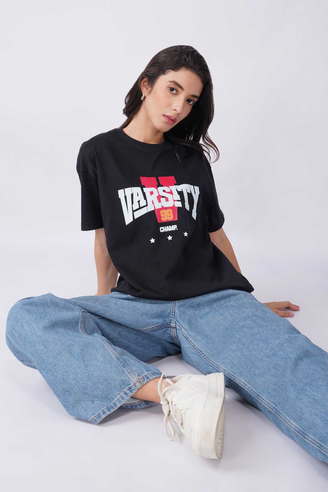 Cotton Oversized Tshirt - Black - VARSITY 99 CHAMP