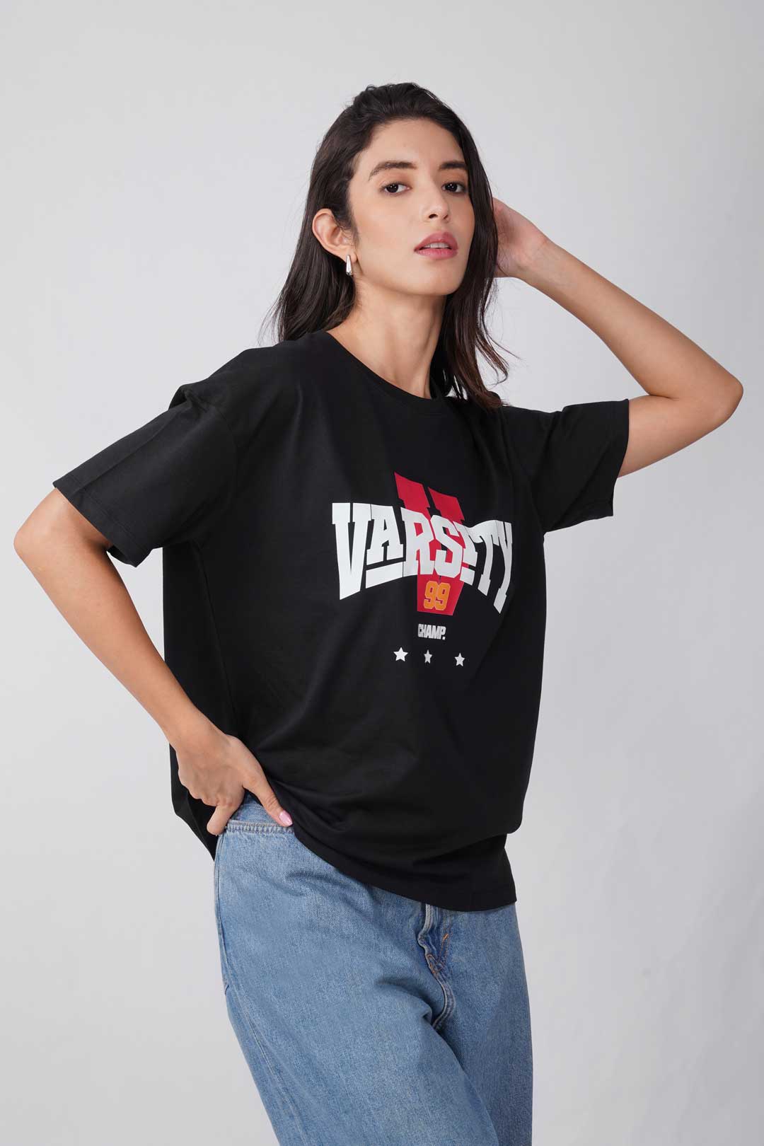 Cotton Oversized Tshirt - Black - VARSITY 99 CHAMP