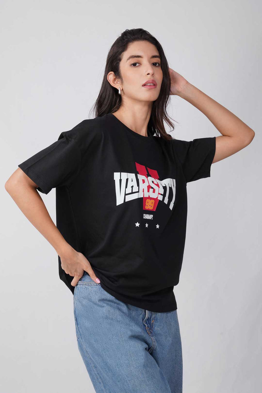 Cotton Oversized Tshirt - Black - VARSITY 99 CHAMP