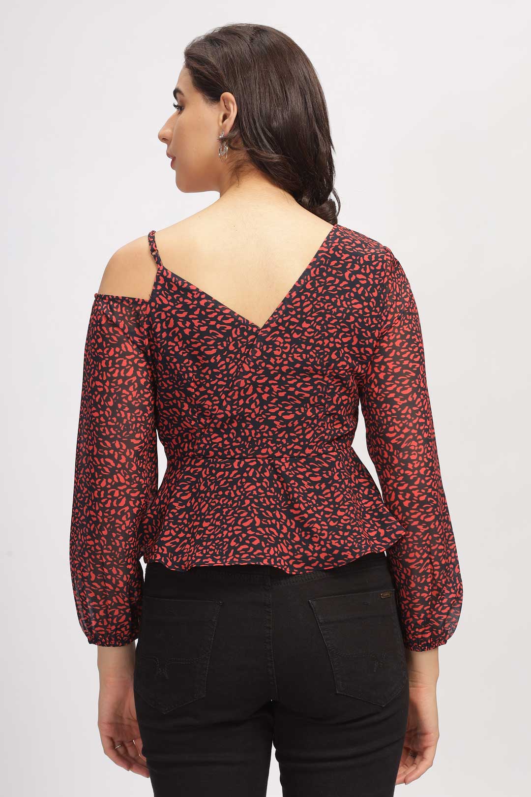 Cold Shoulder Peplum Top with Bishop Sleeves - Red & Black
