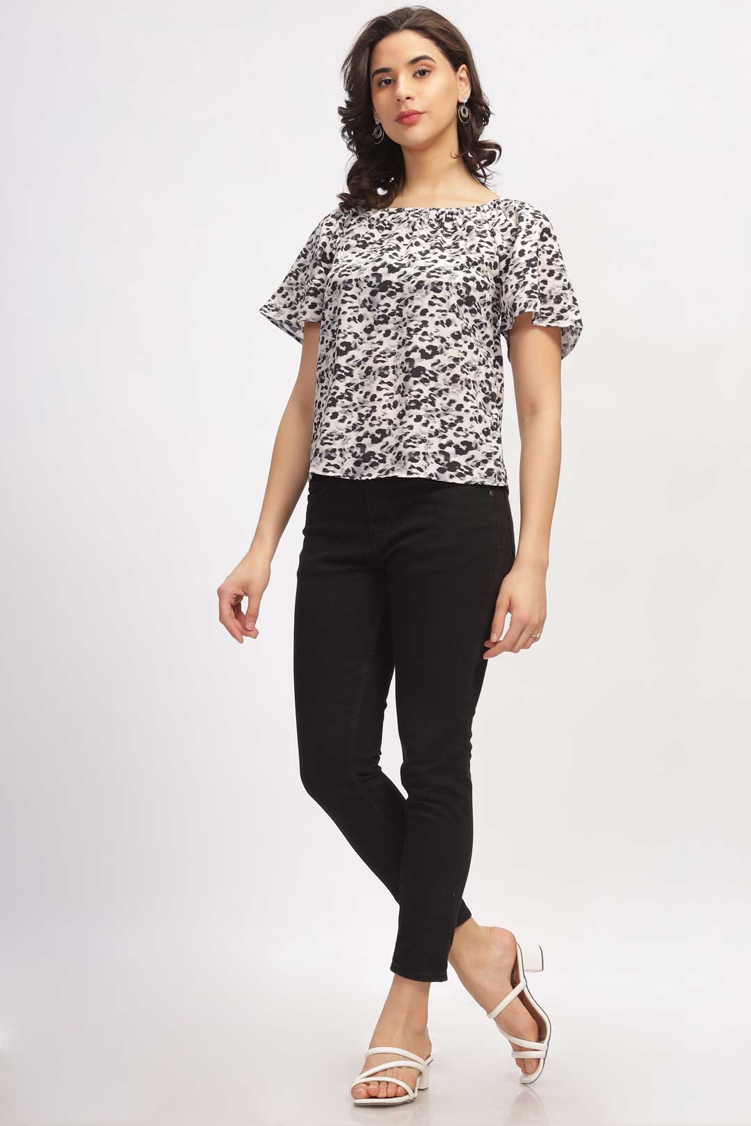 Animal Print Top with Bell Sleeves - Black & White