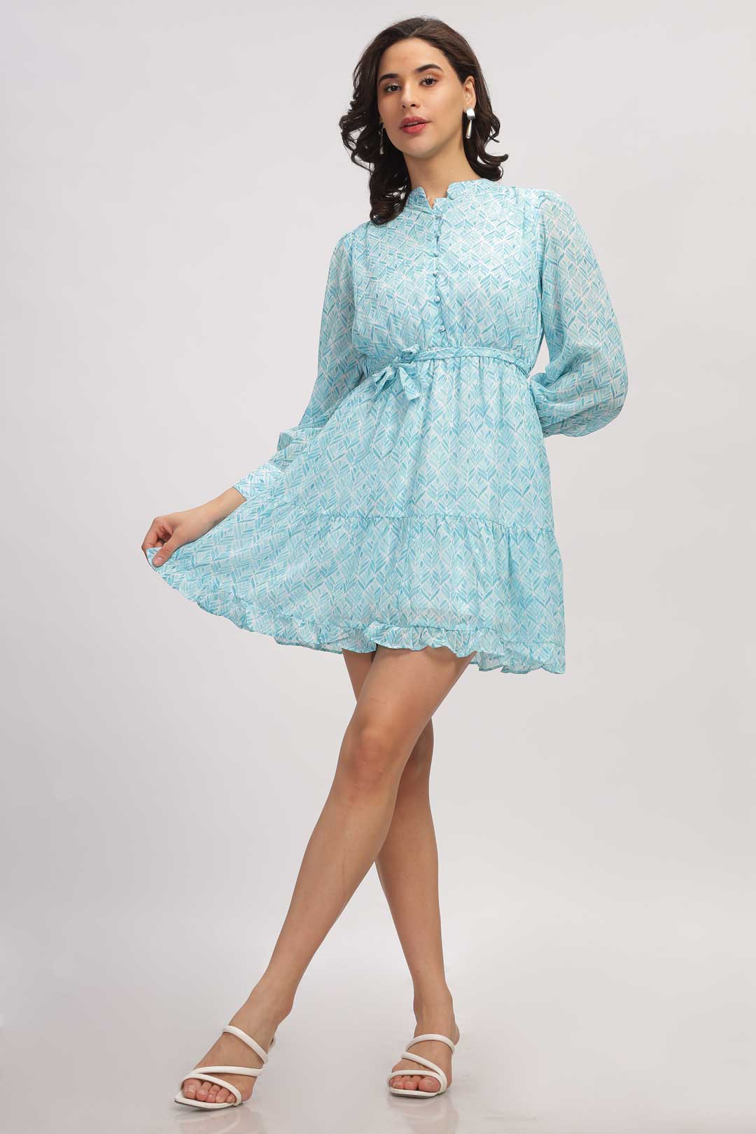 Georgette Abstract Mini Dress - Aqua Blue