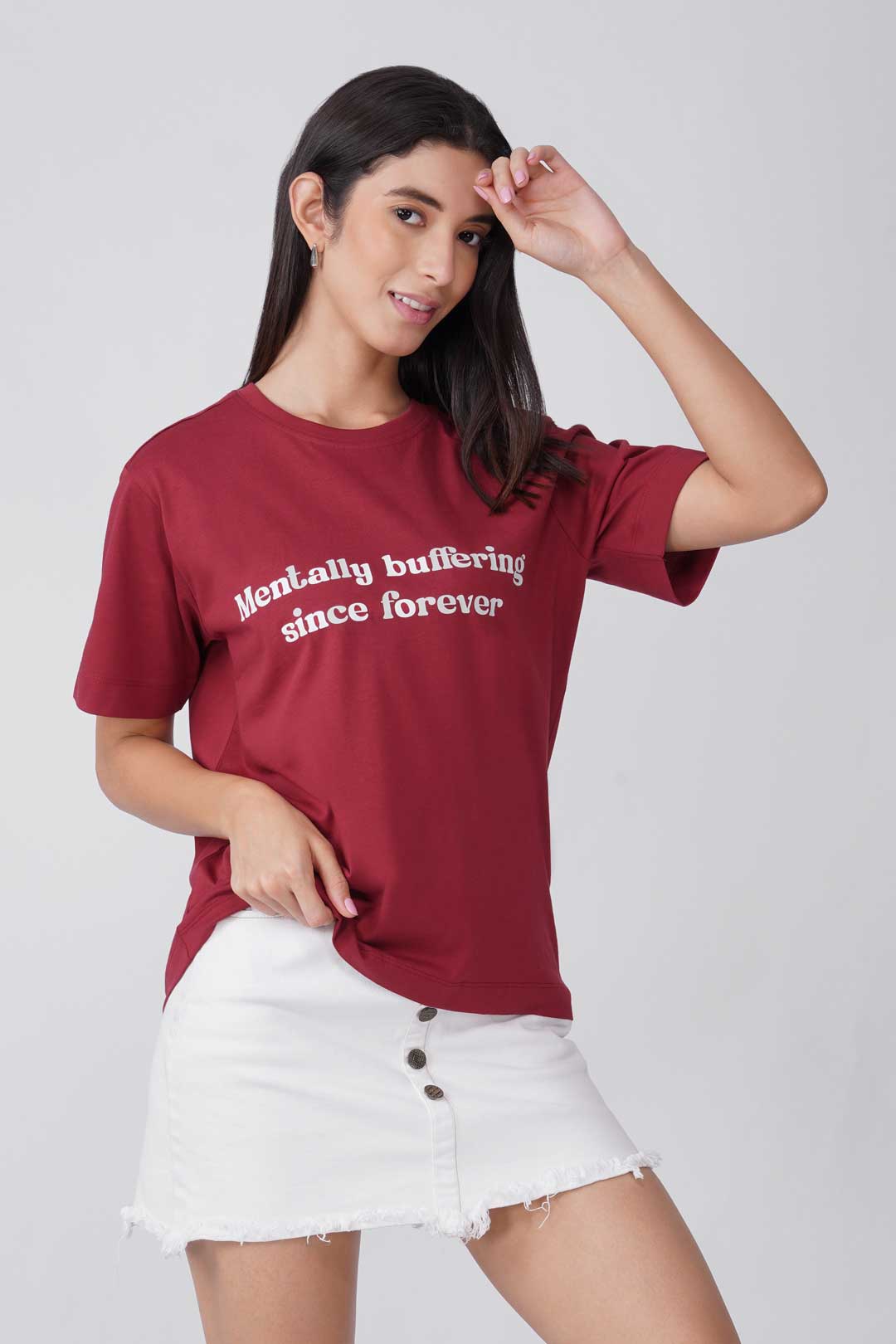 Cotton Relaxed fit Tshirt - Maroon - Mentally Buffering since forever