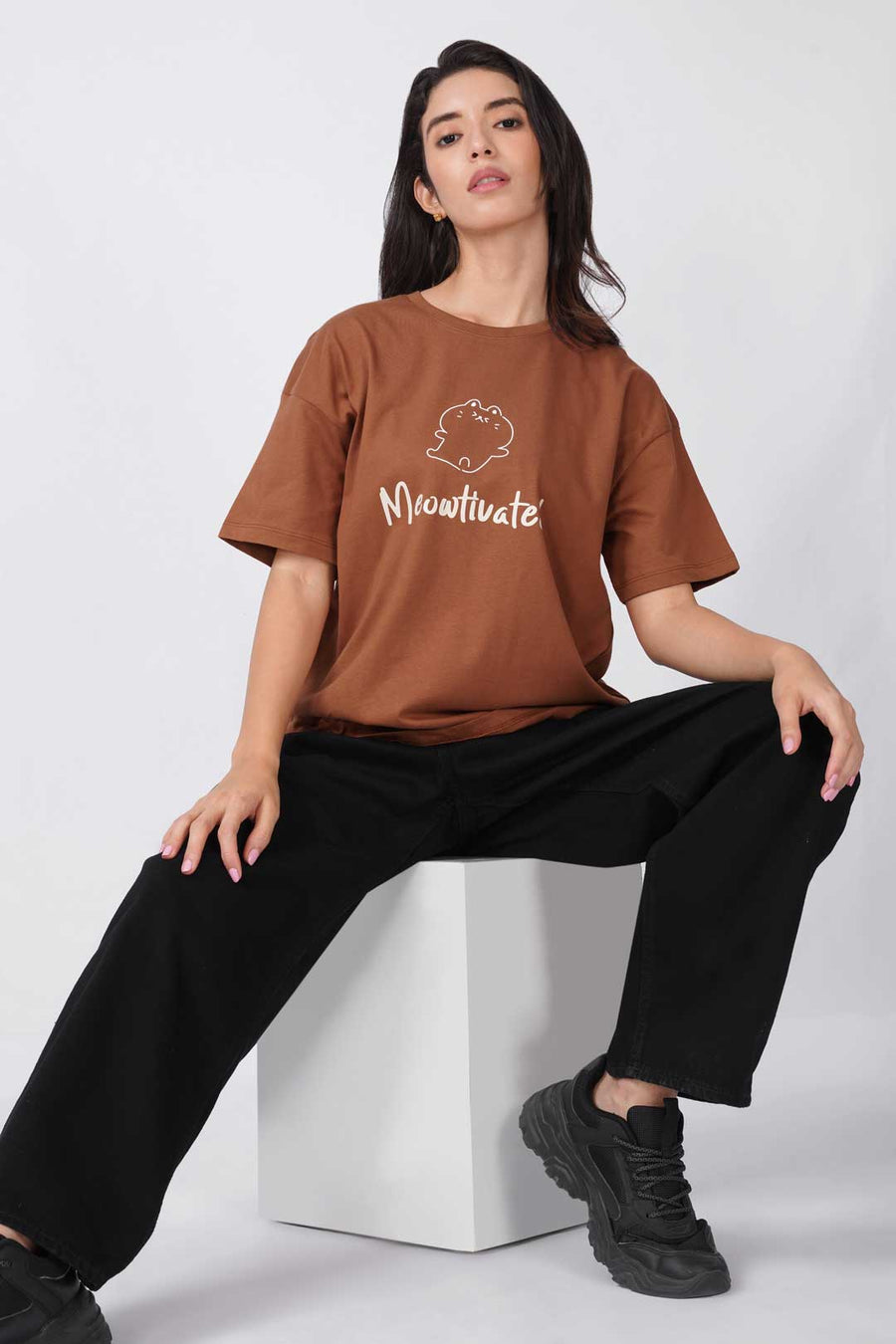 Cotton Oversized Tshirt - Brown - MEOWTIVATED