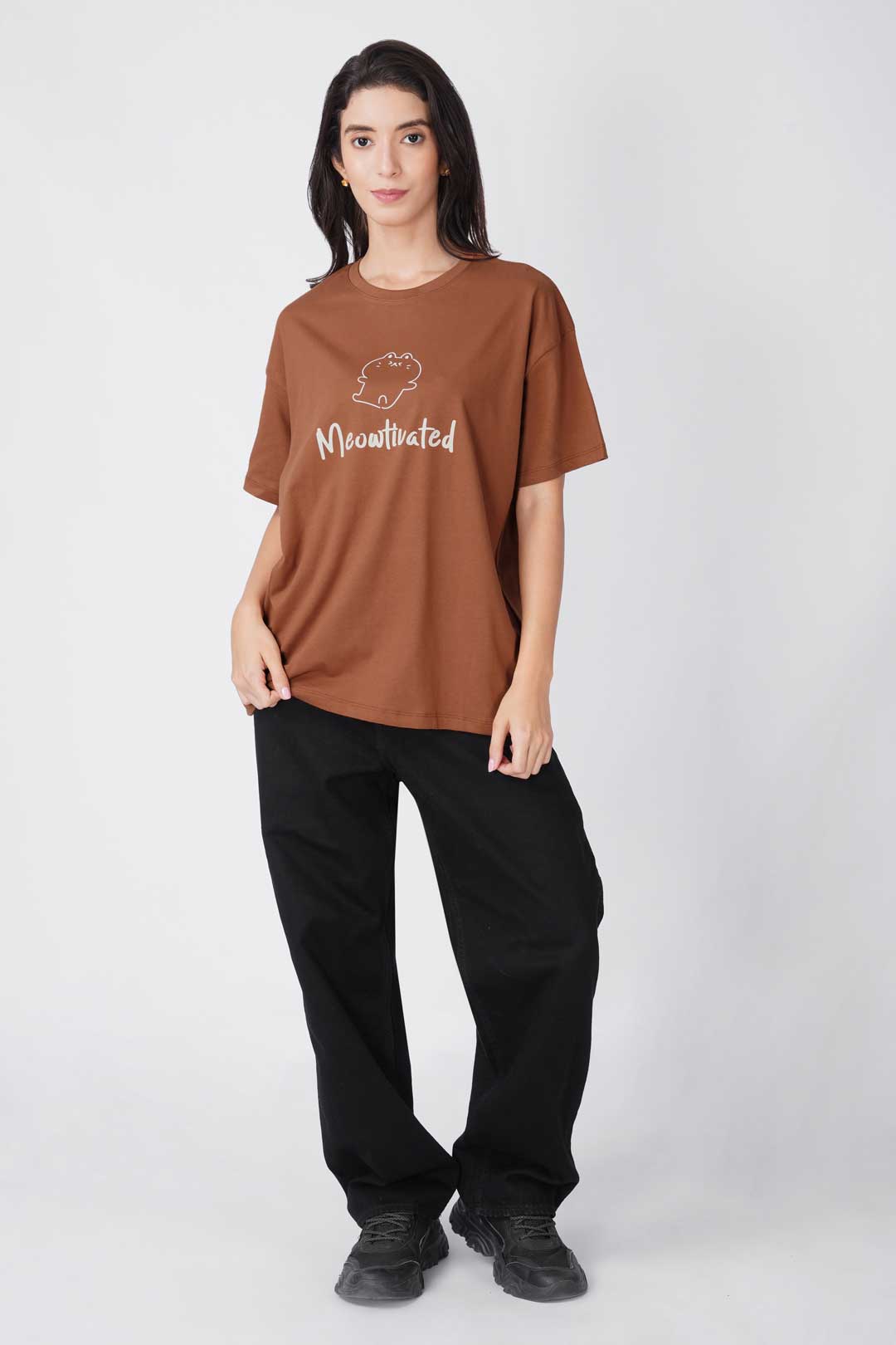 Cotton Oversized Tshirt - Brown - MEOWTIVATED
