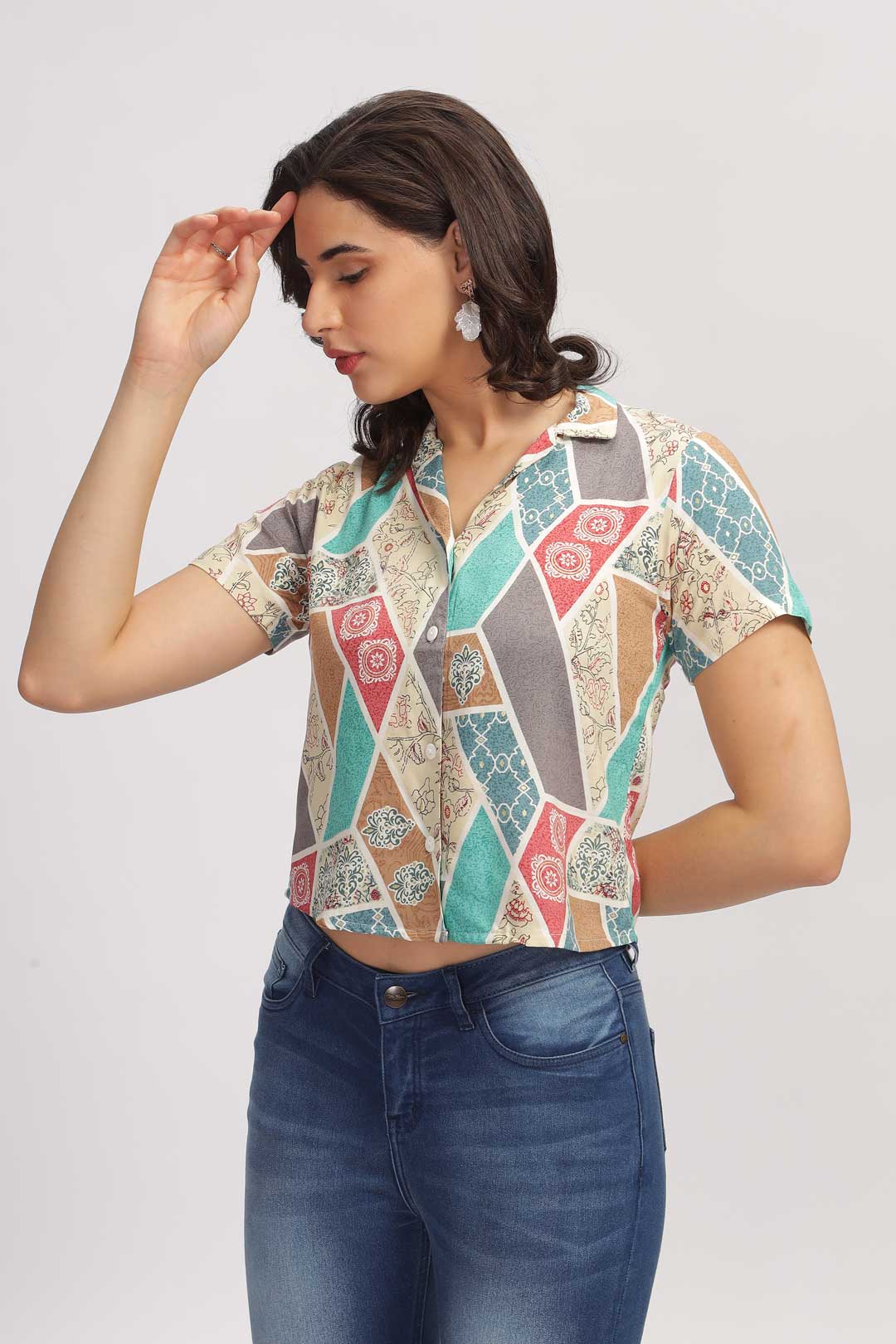 Geo Print Shirt - Beige & Green