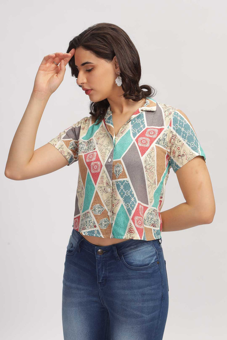 Geo Print Shirt - Beige & Green