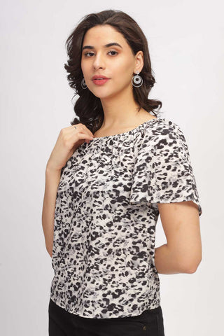 Animal Print Top with Bell Sleeves - Black & White