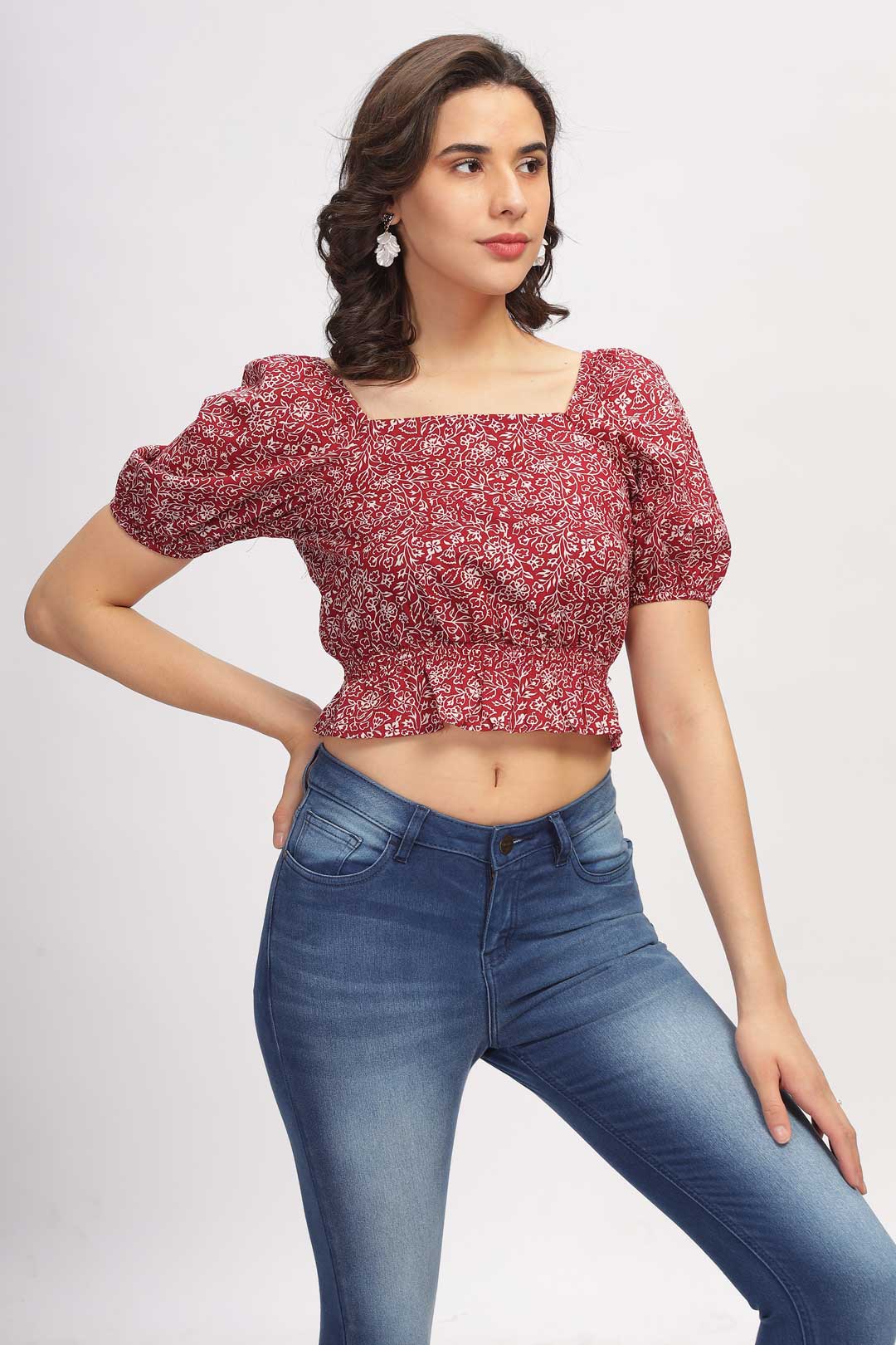 Floral peplum top - Dark Red