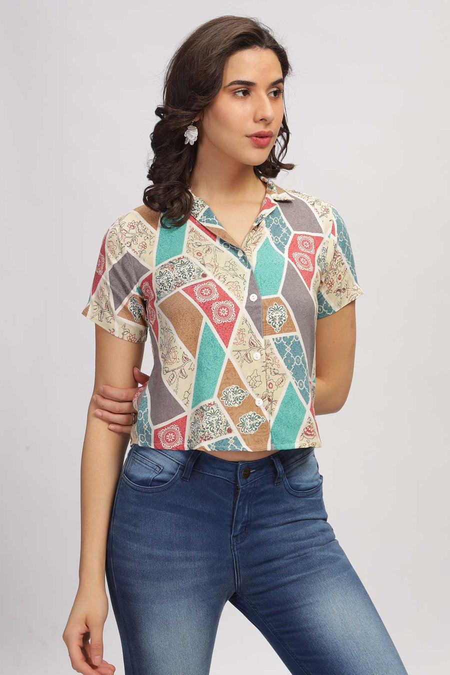 Geo Print Shirt - Beige & Green