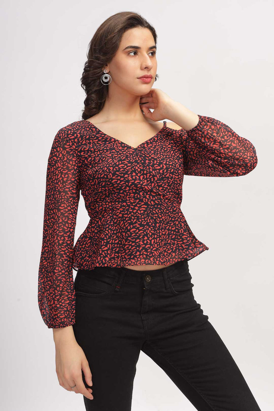Cold Shoulder Peplum Top with Bishop Sleeves - Red & Black