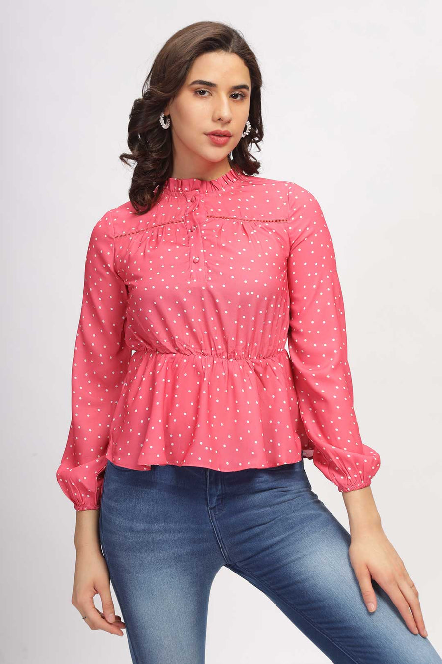 High Neck Peplum Top - Pink