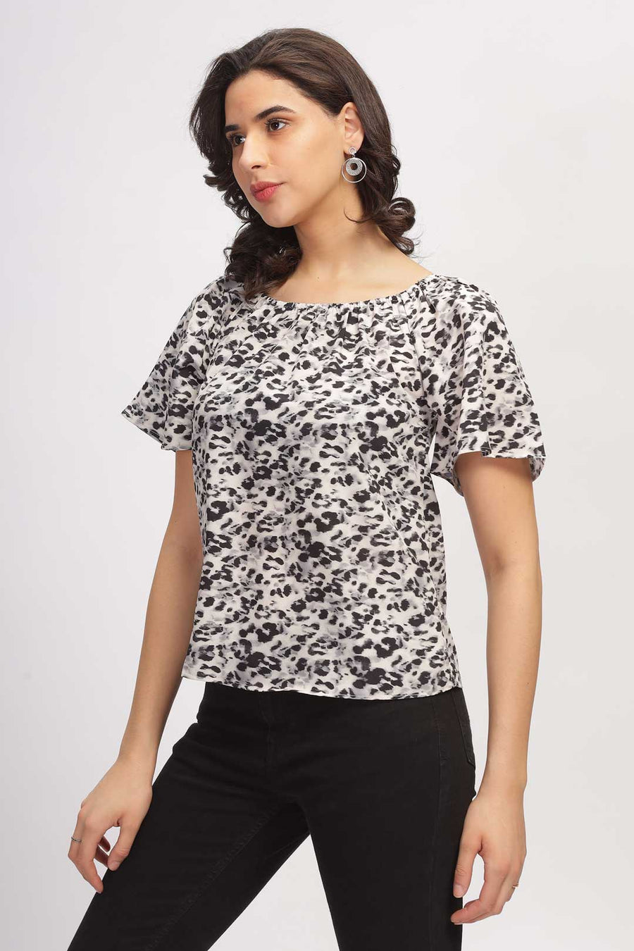 Animal Print Top with Bell Sleeves - Black & White