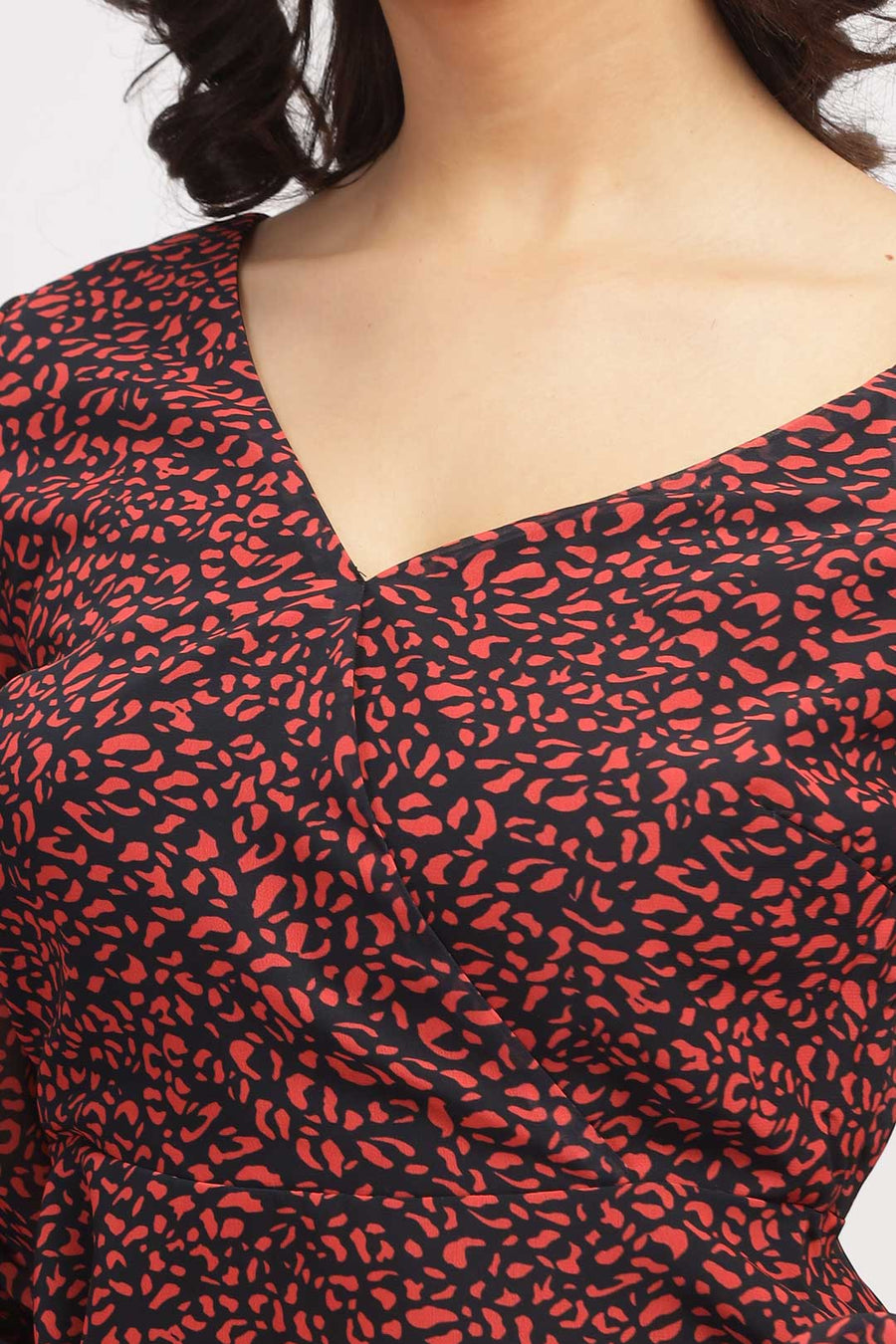 Cold Shoulder Peplum Top with Bishop Sleeves - Red & Black