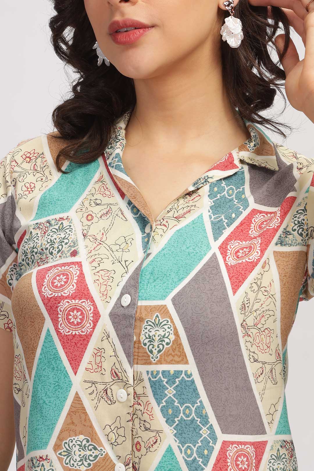 Geo Print Shirt - Beige & Green