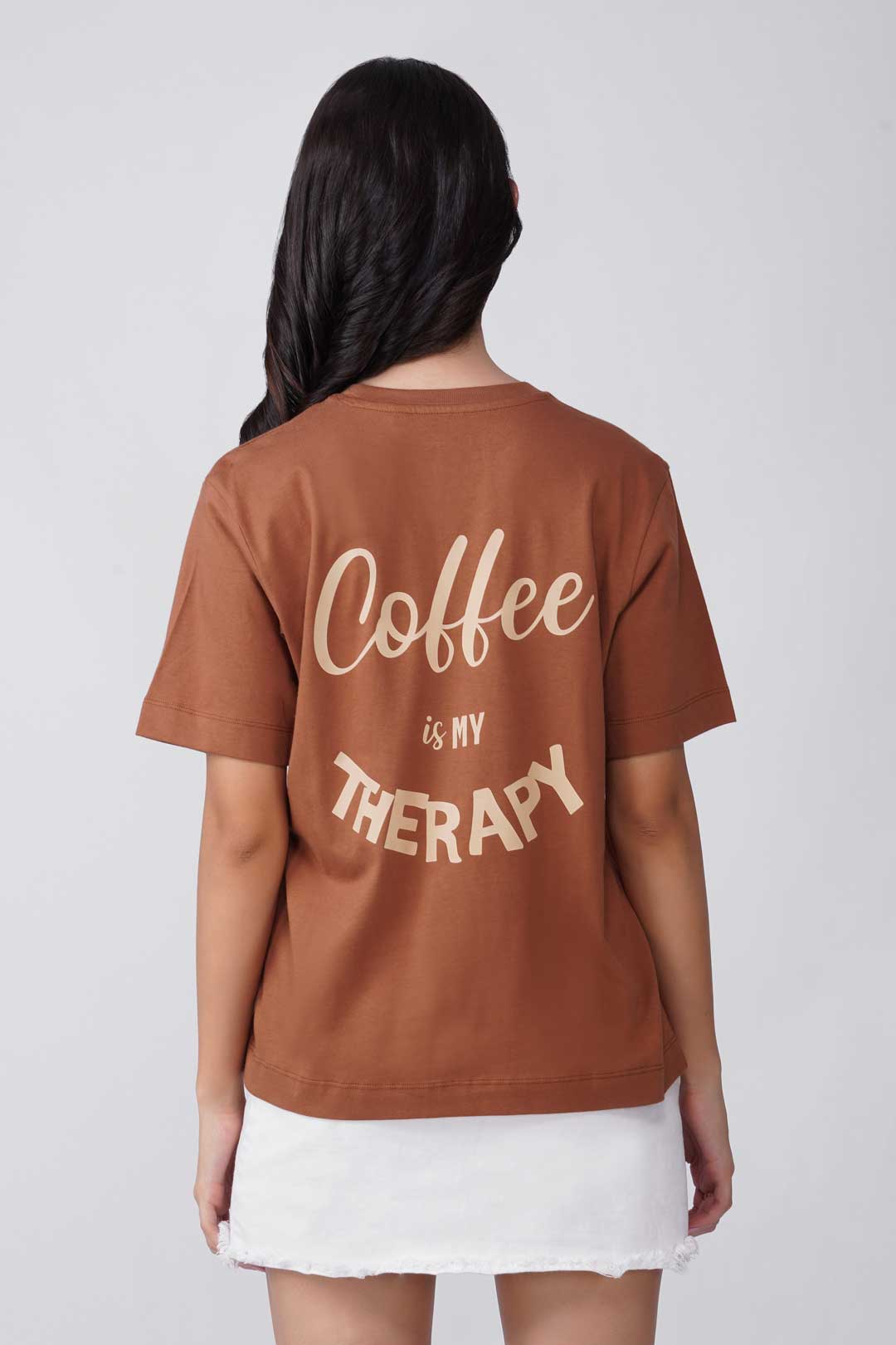 Cotton Relaxed fit Tshirt - Brown - coffee is my therapy