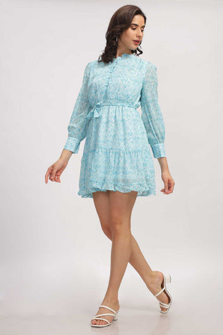Georgette Abstract Mini Dress - Aqua Blue