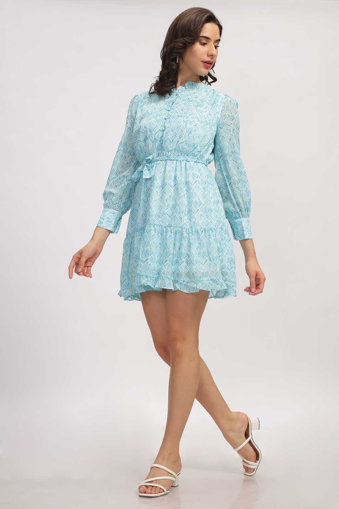 Georgette Abstract Mini Dress - Aqua Blue